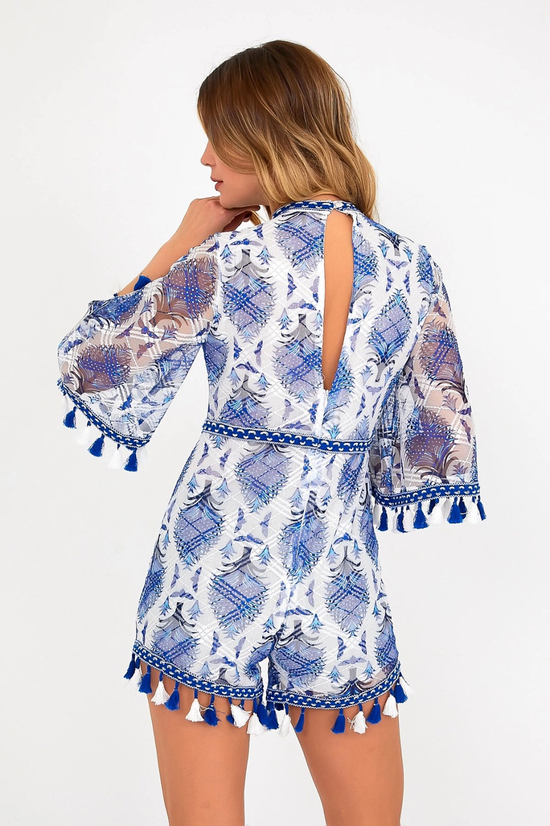 Blue Crew Neck Backless Jumpsuit with Lining and Tassel Detail BCVL-251000TLM - Jonesboro