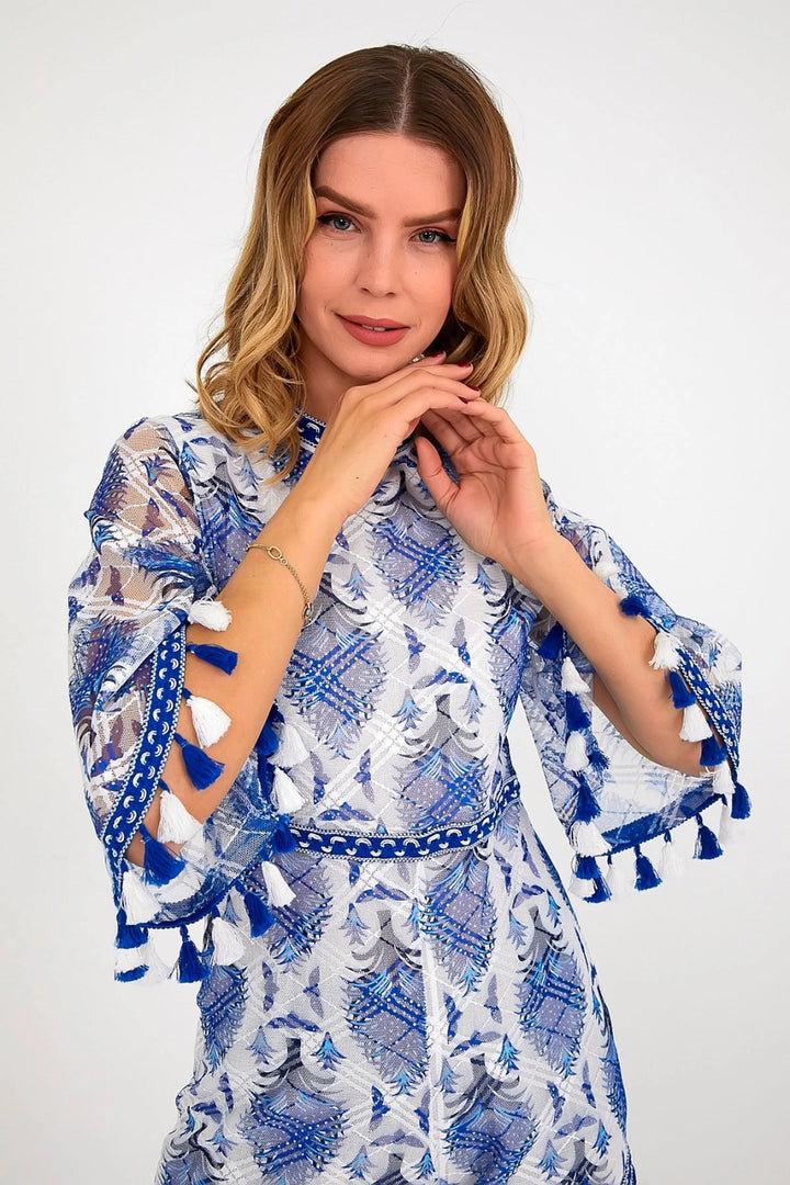 Blue Crew Neck Backless Jumpsuit with Lining and Tassel Detail BCVL-251000TLM - Jonesboro