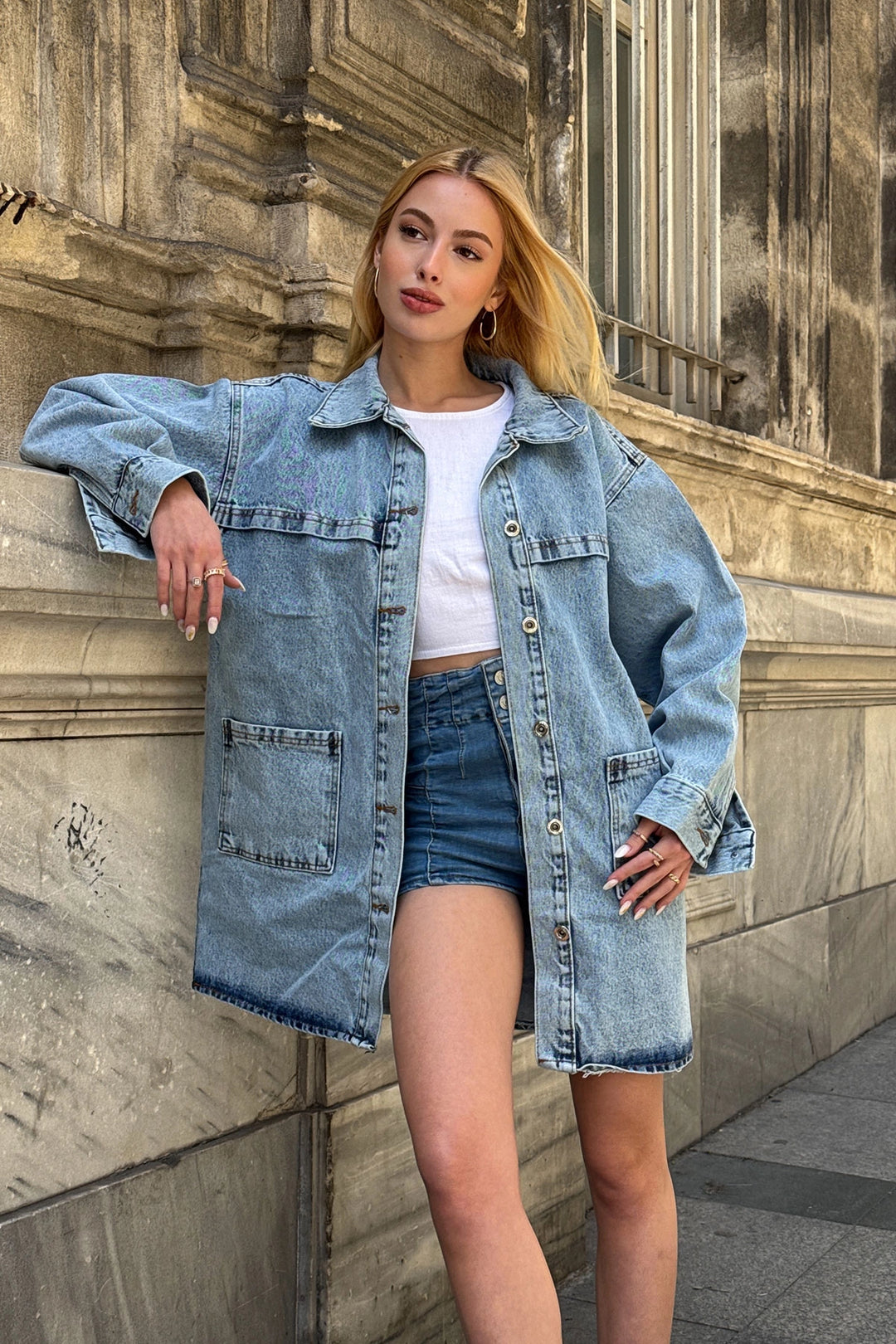 Blue Buttoned Double Pocket Oversized Denim Shirt Jacket BCDF-245415 - Chattanooga