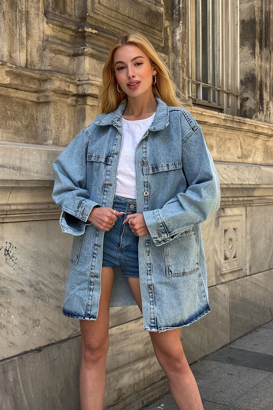 Blue Buttoned Double Pocket Oversized Denim Shirt Jacket BCDF-245415 - Chattanooga