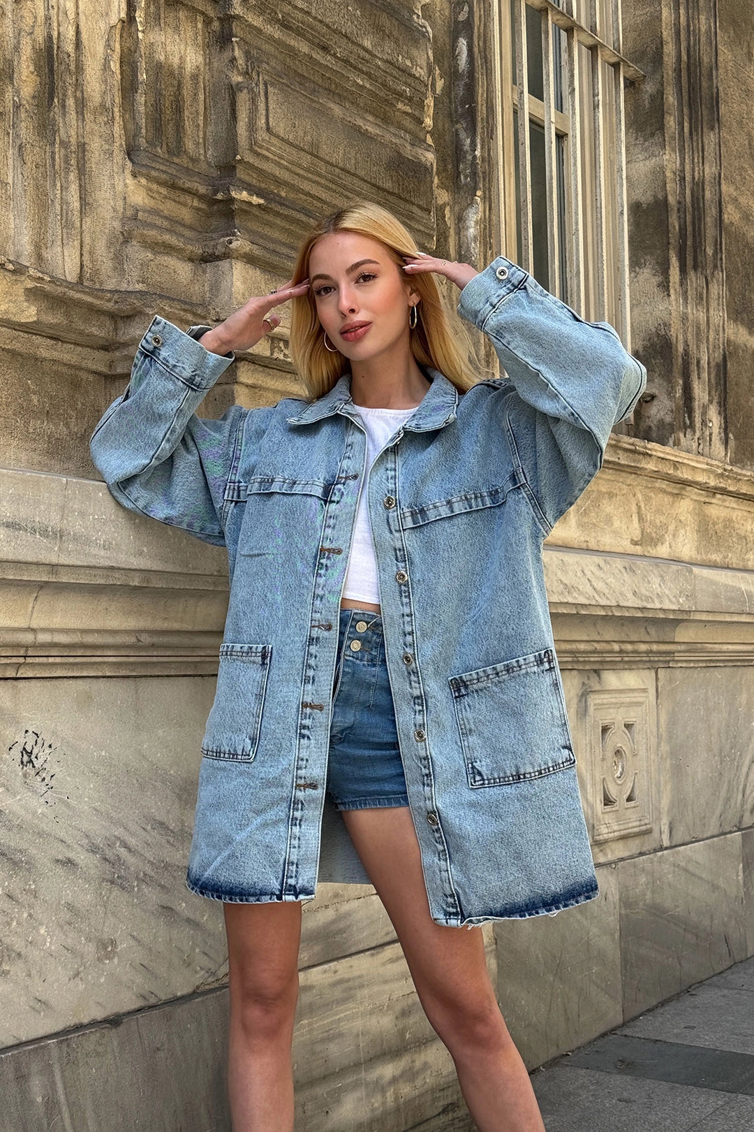 Blue Buttoned Double Pocket Oversized Denim Shirt Jacket BCDF-245415 - Chattanooga