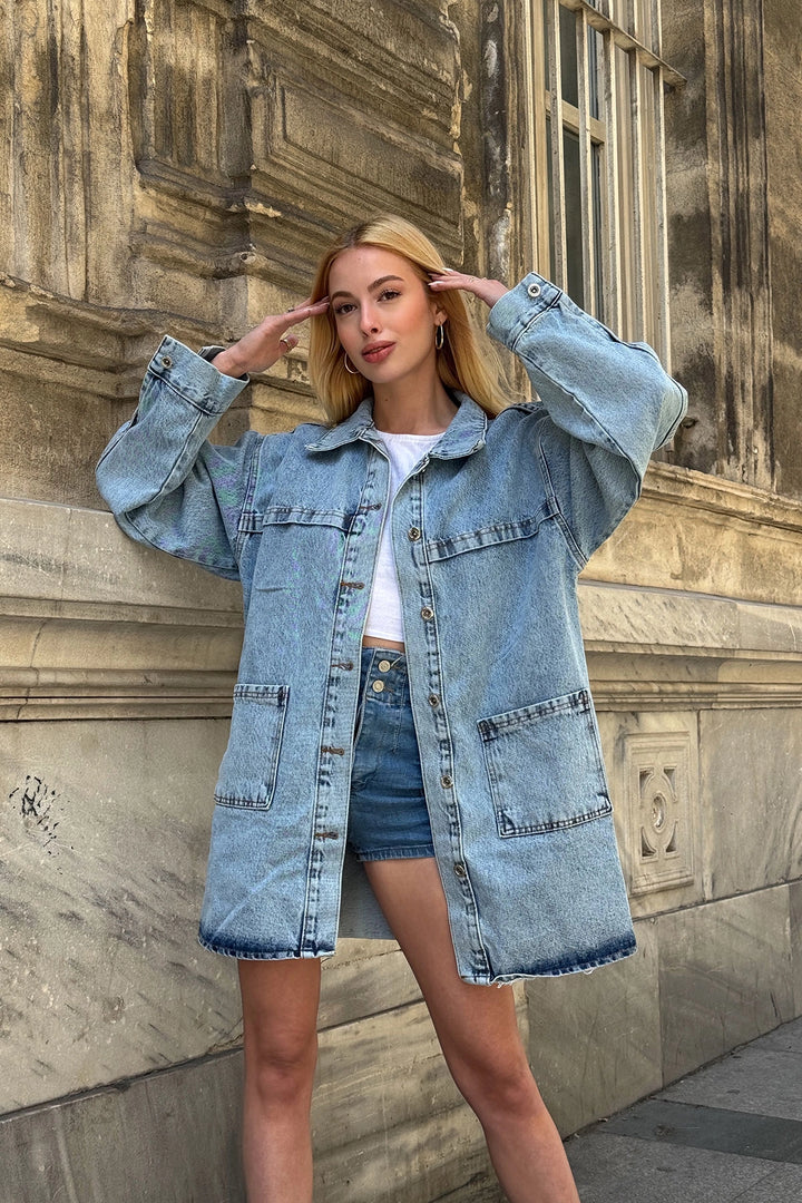 Blue Buttoned Double Pocket Oversized Denim Shirt Jacket BCDF-245415 - Chattanooga