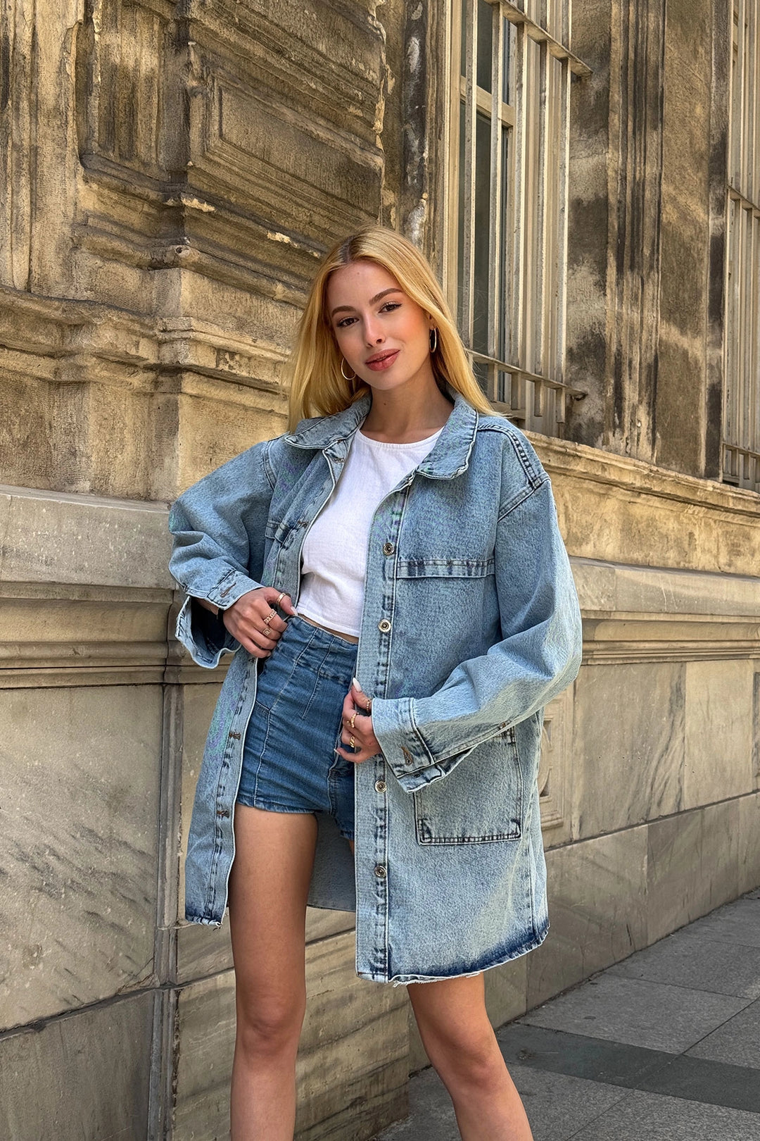 Blue Buttoned Double Pocket Oversized Denim Shirt Jacket BCDF-245415 - Chattanooga