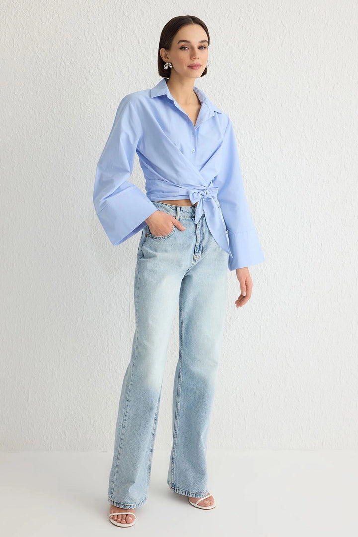 Blue Wide Cuff Detailed Front Tied Poplin Shirt BCDF-2510000 - Pocatello