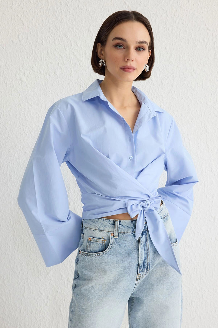 Blue Wide Cuff Detailed Front Tied Poplin Shirt BCDF-2510000 - Pocatello