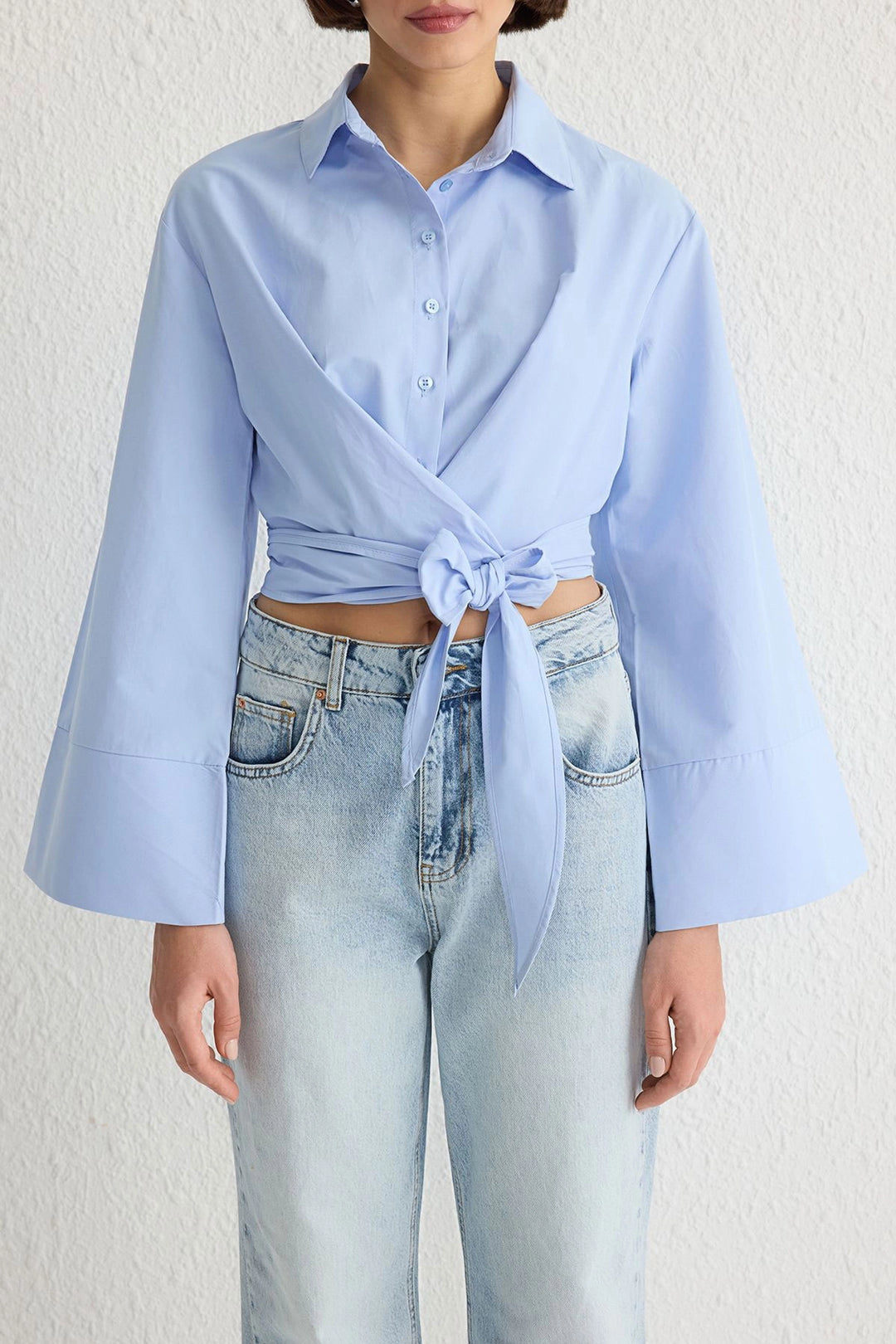 Blue Wide Cuff Detailed Front Tied Poplin Shirt BCDF-2510000 - Pocatello
