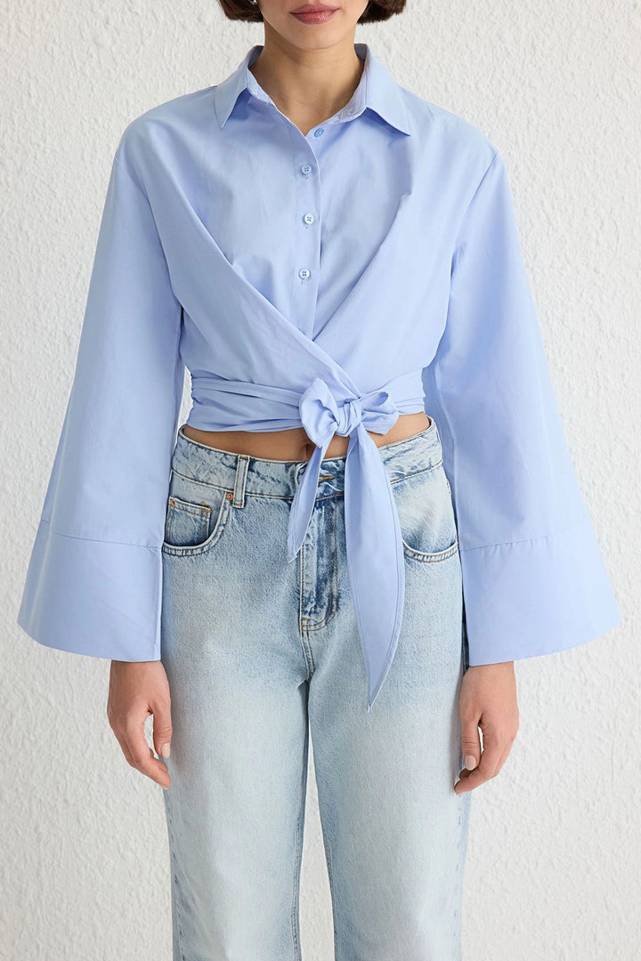 Blue Wide Cuff Detailed Front Tied Poplin Shirt BCDF-2510000 - Pocatello
