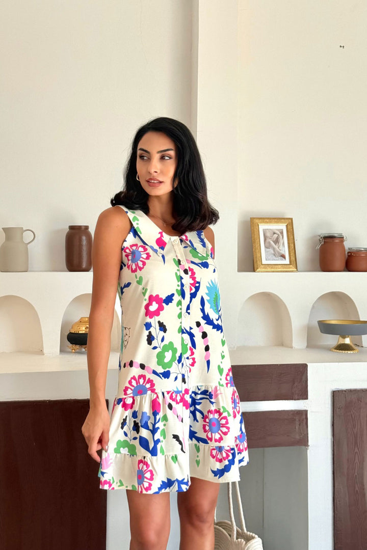 Blue Wide Neck Skirt Ruffled Cotton Premium Patterned Woven Shirt Dress BCCM-253006 - Heerhugowaard