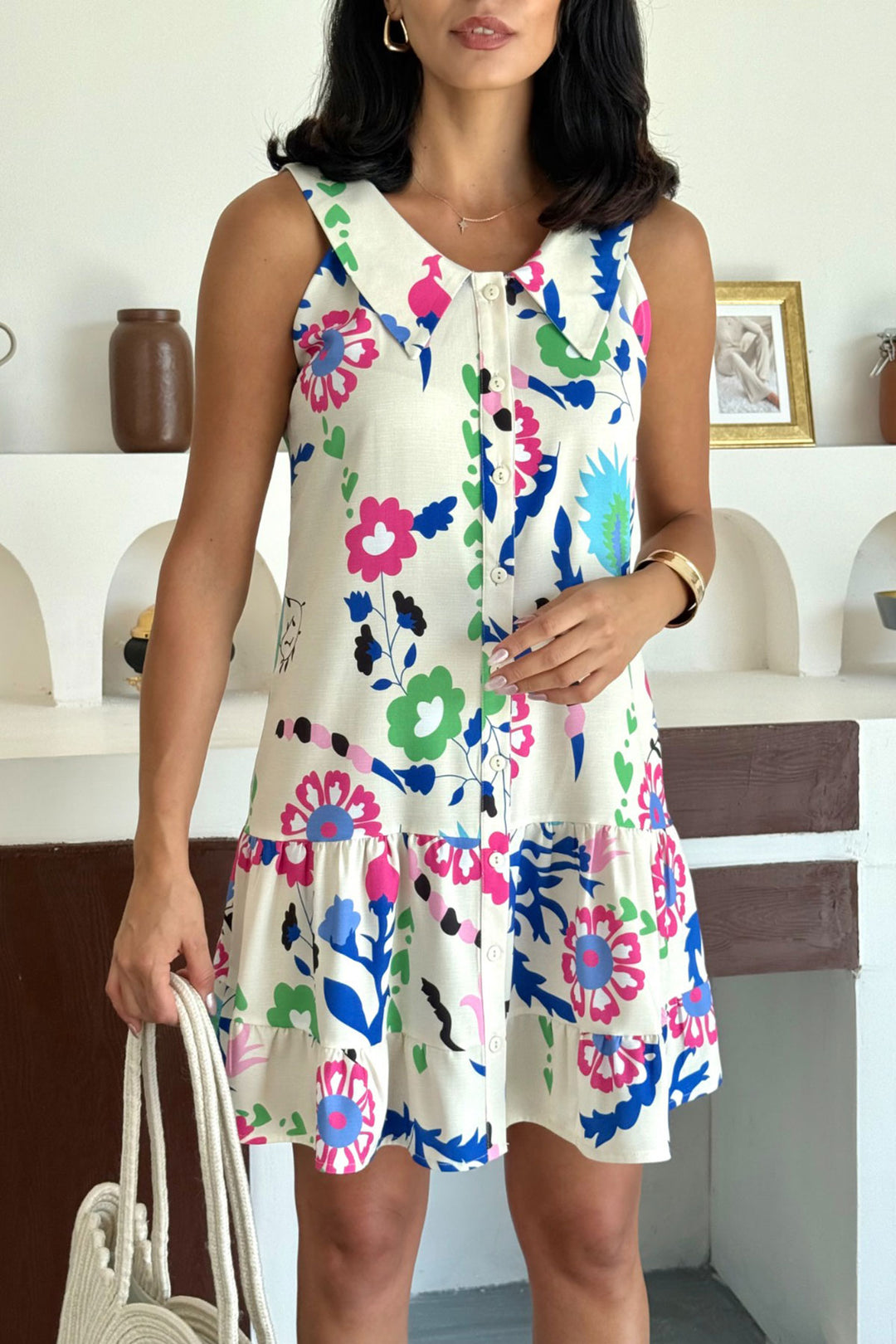 Blue Wide Neck Skirt Ruffled Cotton Premium Patterned Woven Shirt Dress BCCM-253006 - Heerhugowaard
