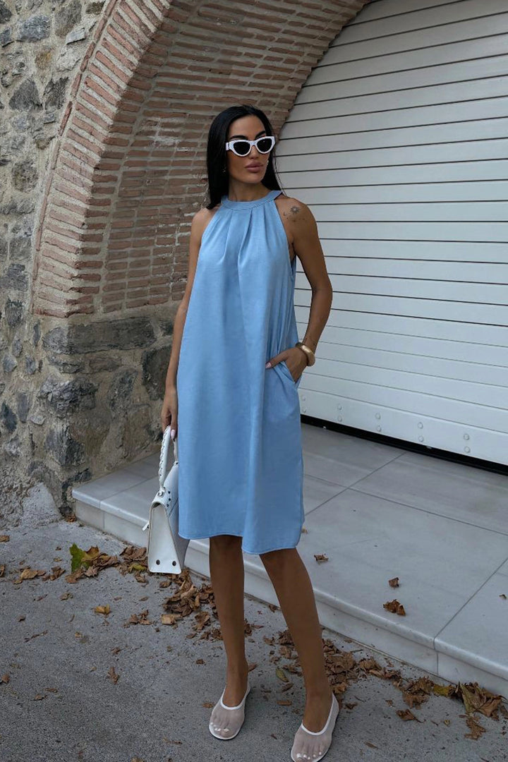 Blue Hidden Pocket Summer Linen Woven Dress BCDF-25255029 - Pombal