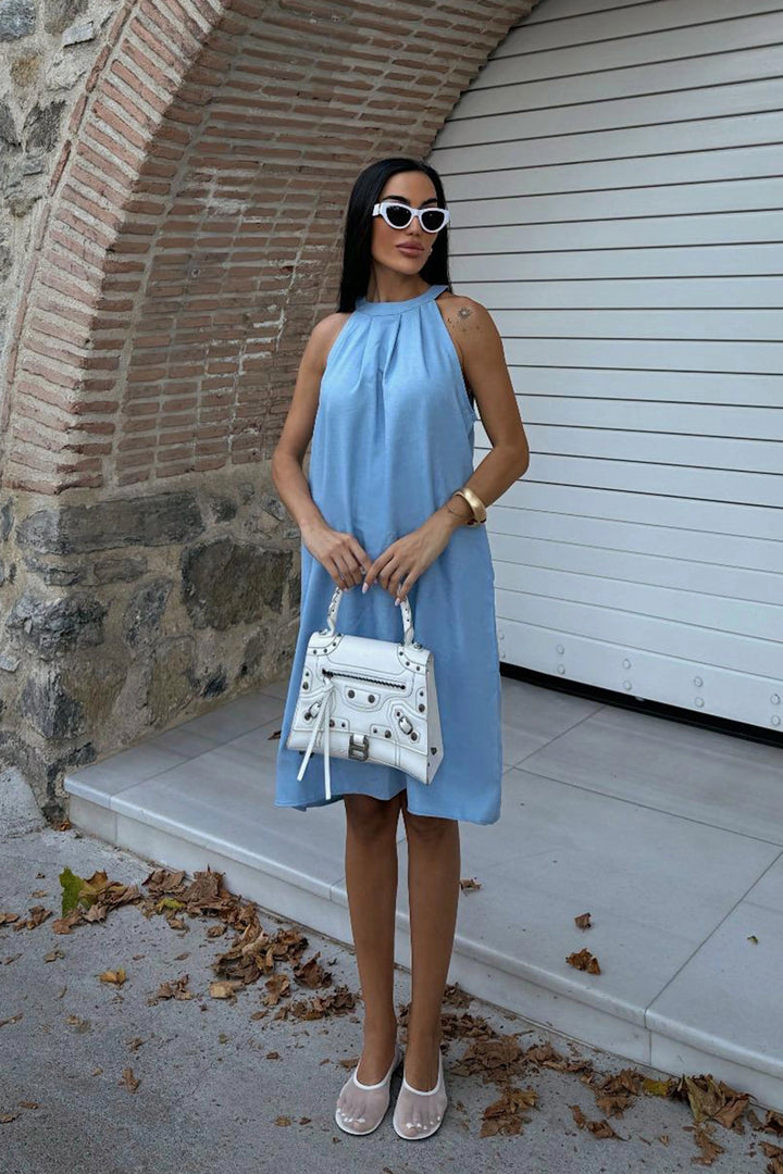 Blue Hidden Pocket Summer Linen Woven Dress BCDF-25255029 - Pombal