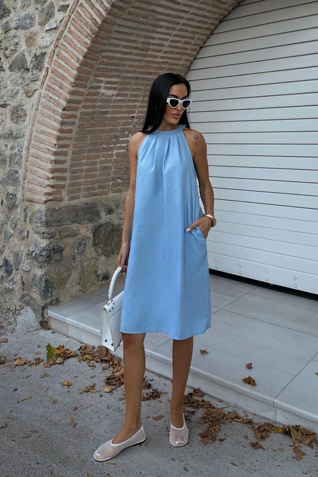 Blue Hidden Pocket Summer Linen Woven Dress BCDF-25255029 - Huatusco