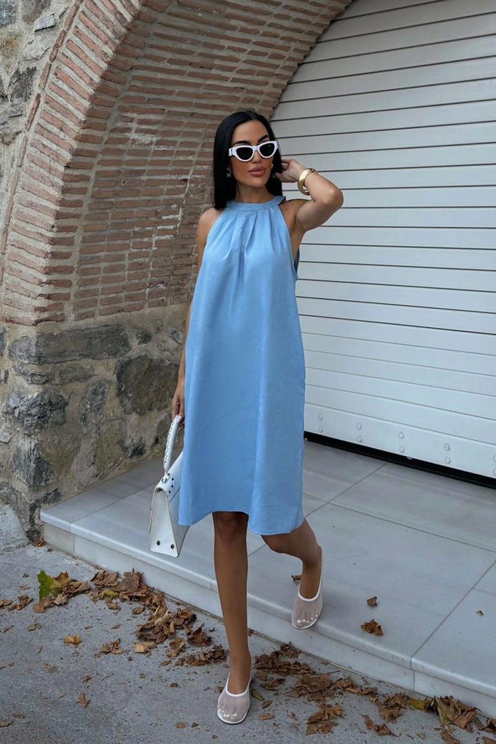 Blue Hidden Pocket Summer Linen Woven Dress BCDF-25255029 - Pombal