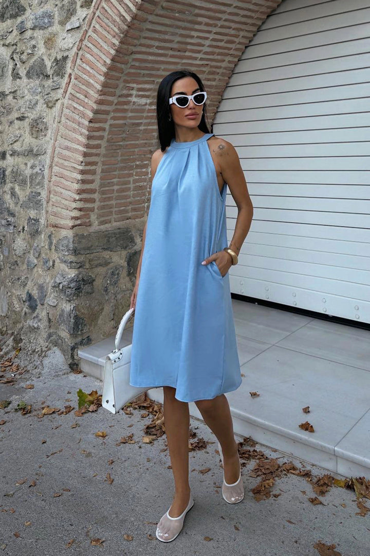 Blue Hidden Pocket Summer Linen Woven Dress BCDF-25255029 - Pombal
