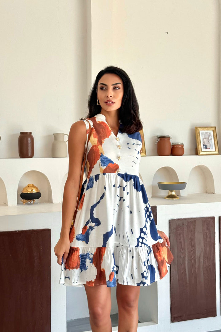 Blue Judge Collar Skirt Ruffled Button Detailed Cotton Premium Patterned Woven Dress BCCM-253005 - Pamplona