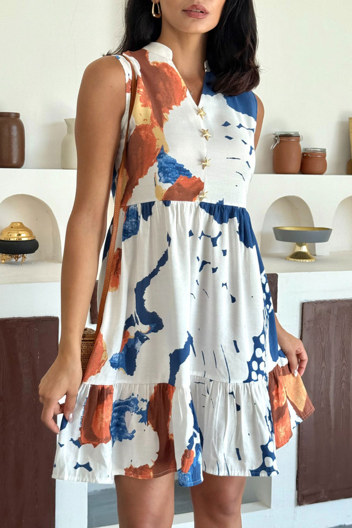Blue Judge Collar Skirt Ruffled Button Detailed Cotton Premium Patterned Woven Dress BCCM-253005 - Pamplona