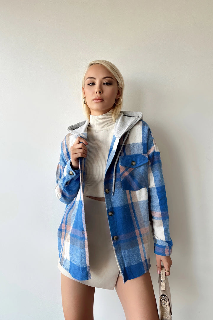 Blue Hooded Plaid Pattern Oversized Pea Coat Shirt BCPK-236004 - Odesa