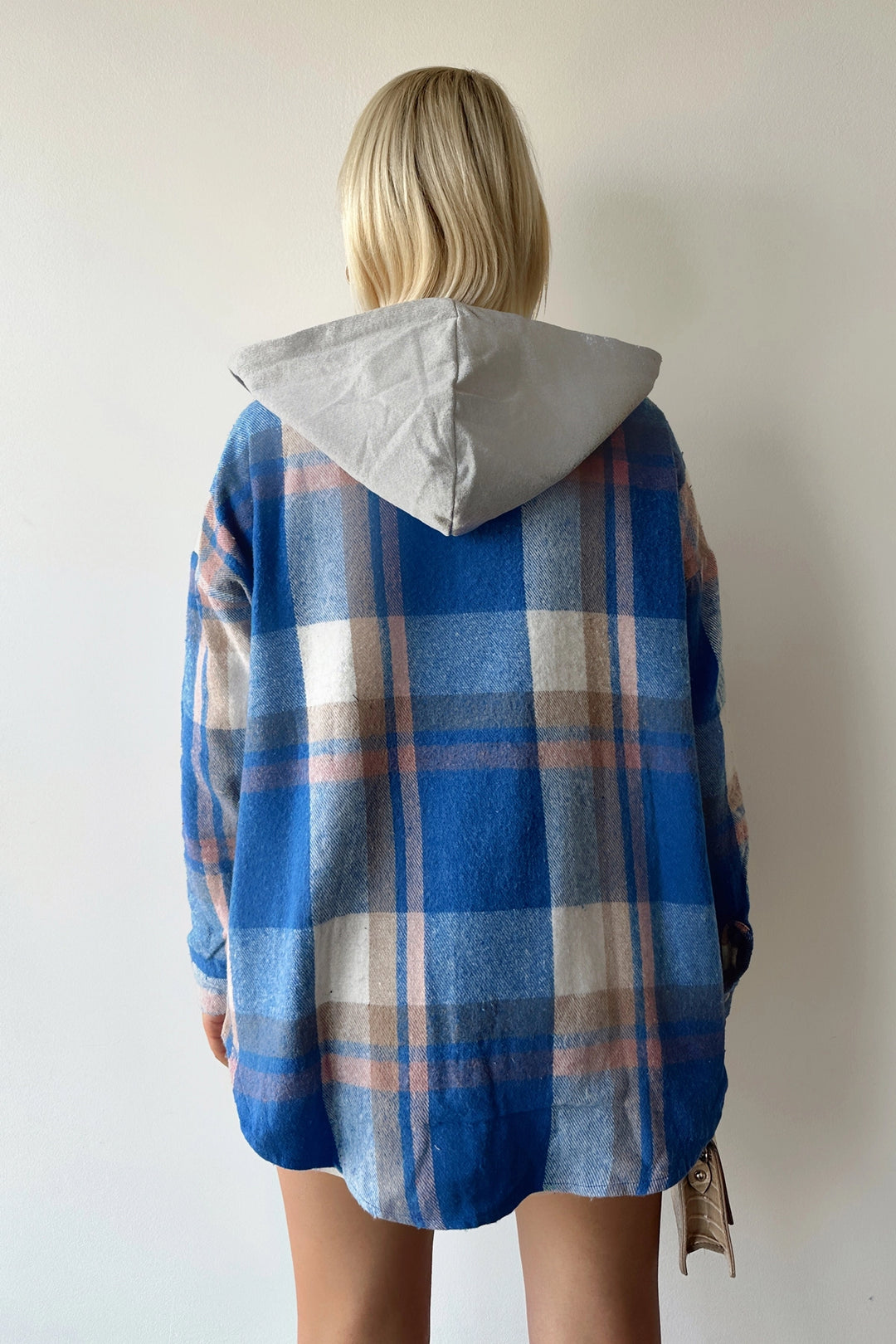 Blue Hooded Plaid Pattern Oversized Pea Coat Shirt BCPK-236004 - Odesa