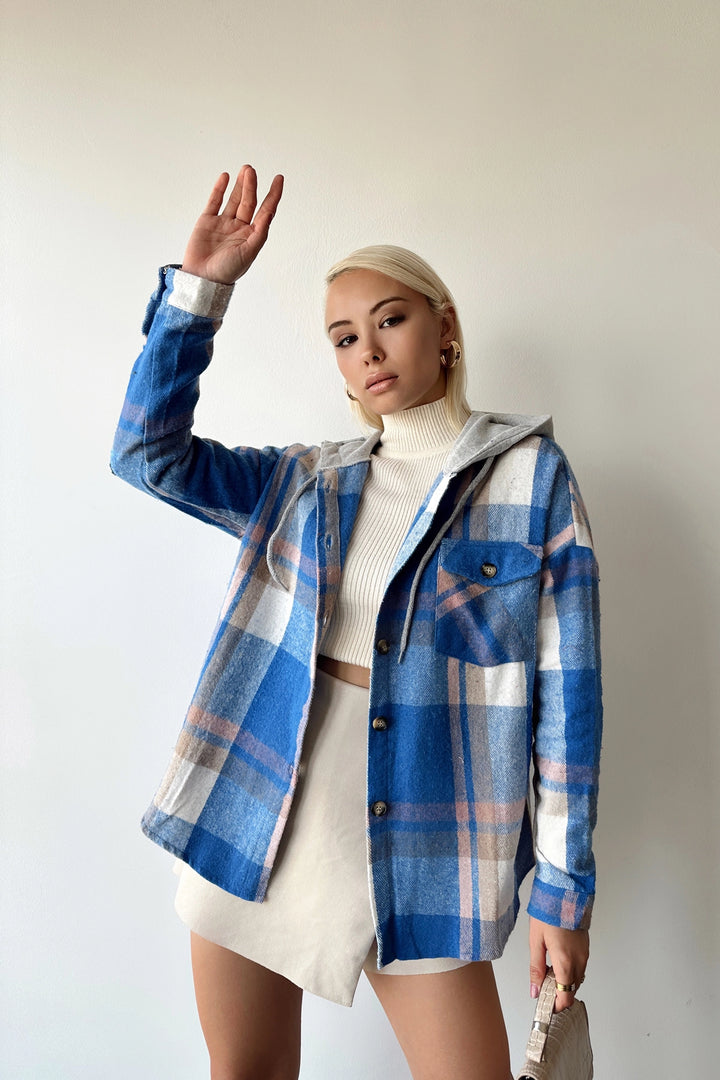 Blue Hooded Plaid Pattern Oversized Pea Coat Shirt BCPK-236004 - Odesa