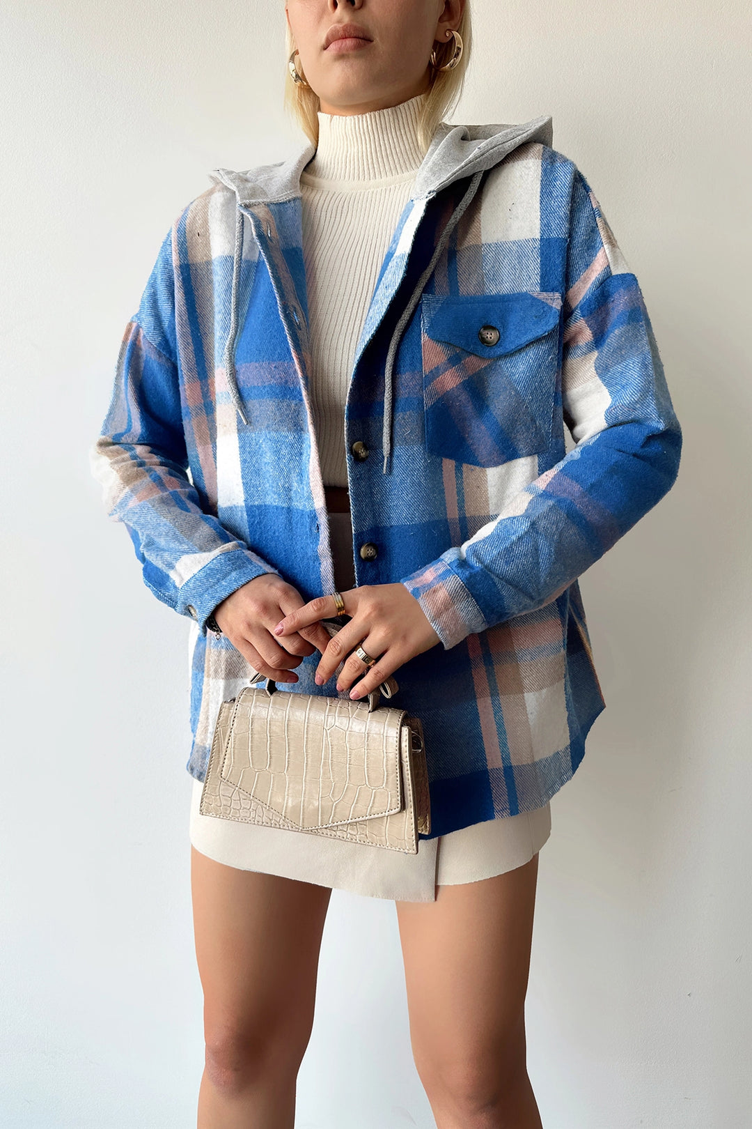 Blue Hooded Plaid Pattern Oversized Pea Coat Shirt BCPK-236004 - Odesa