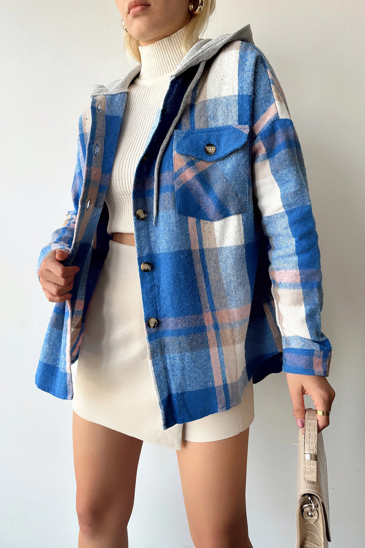 Blue Hooded Plaid Pattern Oversized Pea Coat Shirt BCPK-236004 - Odesa
