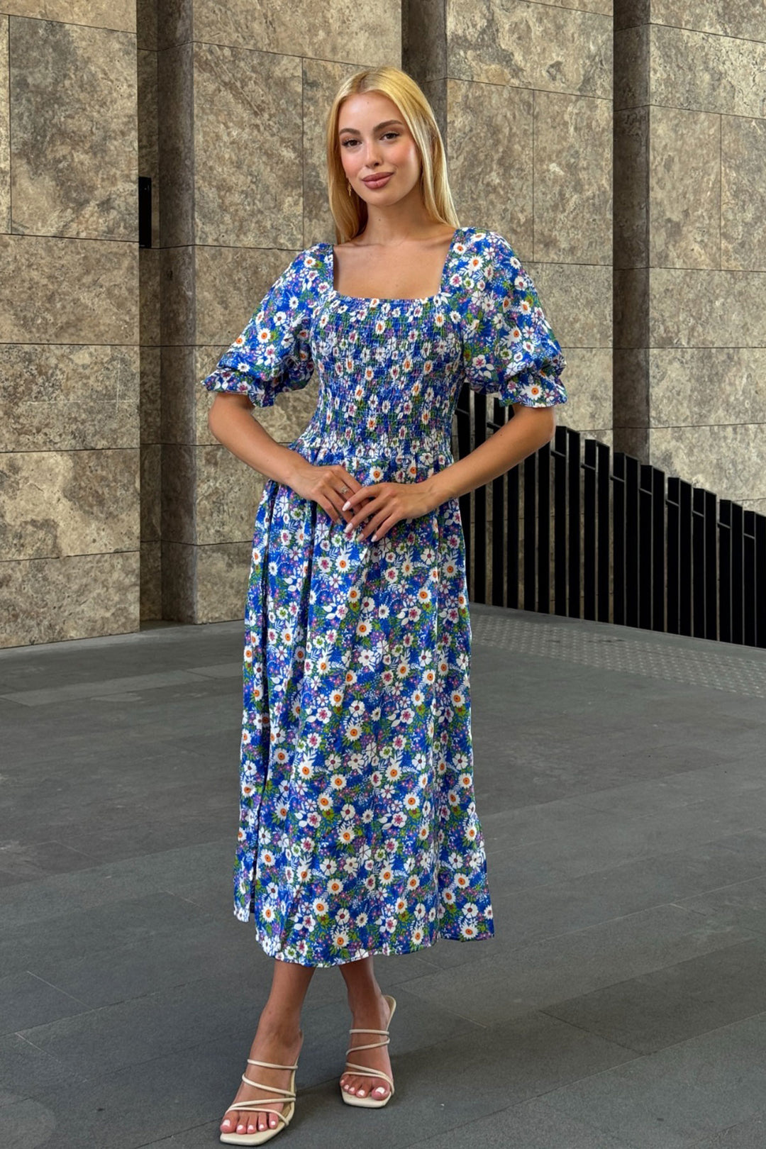 Blue Square Neck Belted Flower Patterned Woven Summer Dress BCVL-25V095 - Saint John