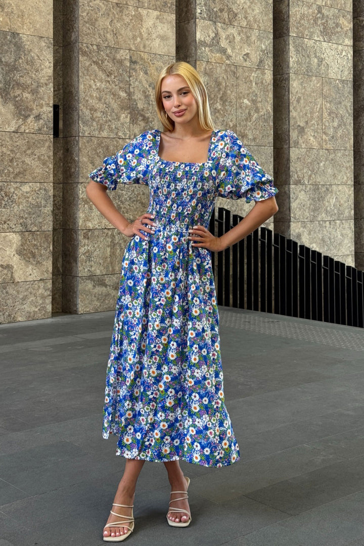 Blue Square Neck Belted Flower Patterned Woven Summer Dress BCVL-25V095 - Saint John
