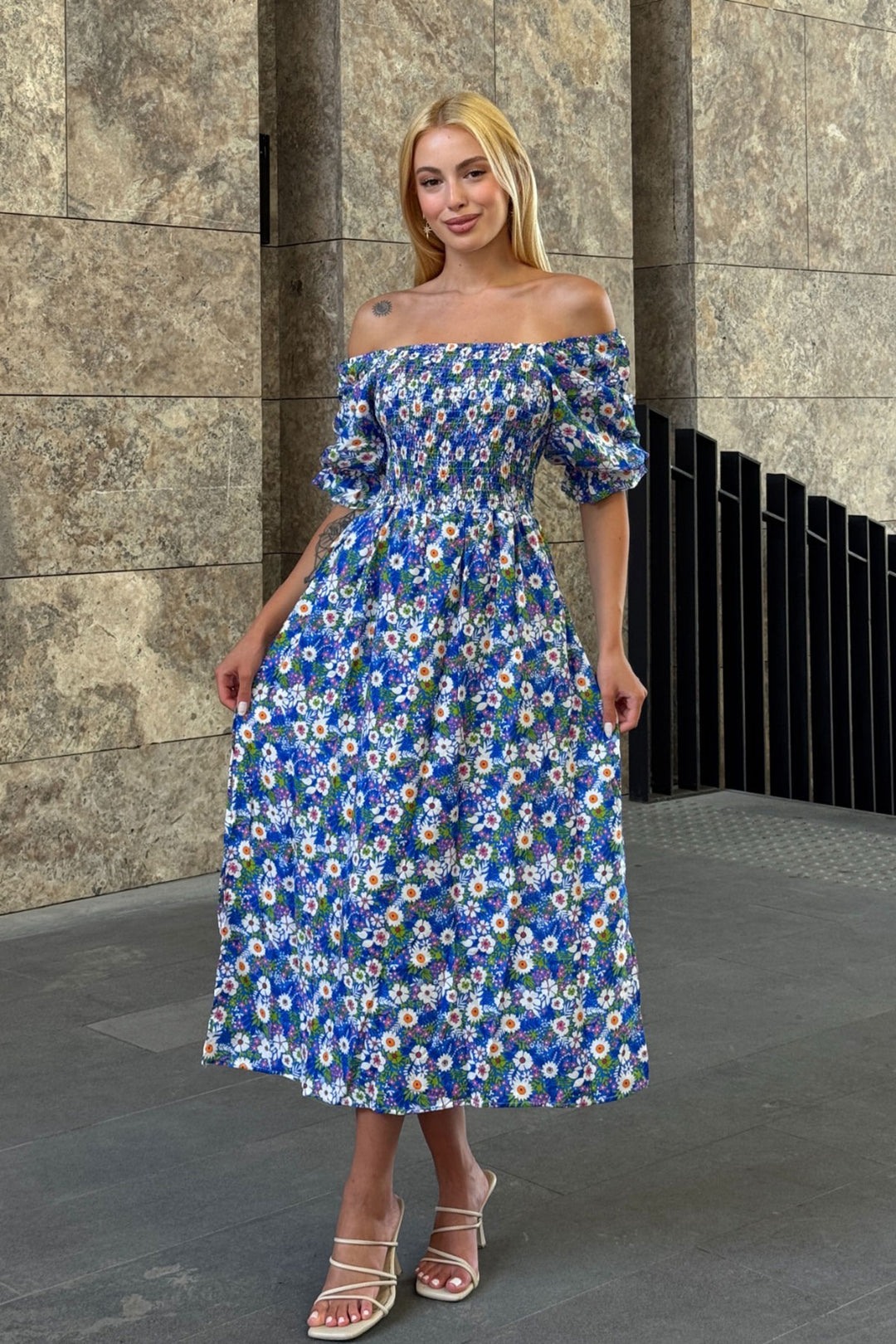 Blue Square Neck Belted Flower Patterned Woven Summer Dress BCVL-25V095 - Saint John