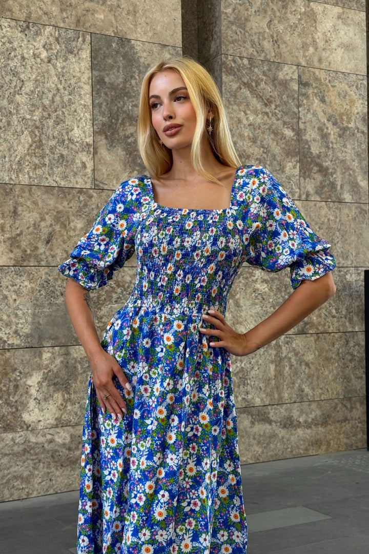 Blue Square Neck Belted Flower Patterned Woven Summer Dress BCVL-25V095 - Saint John