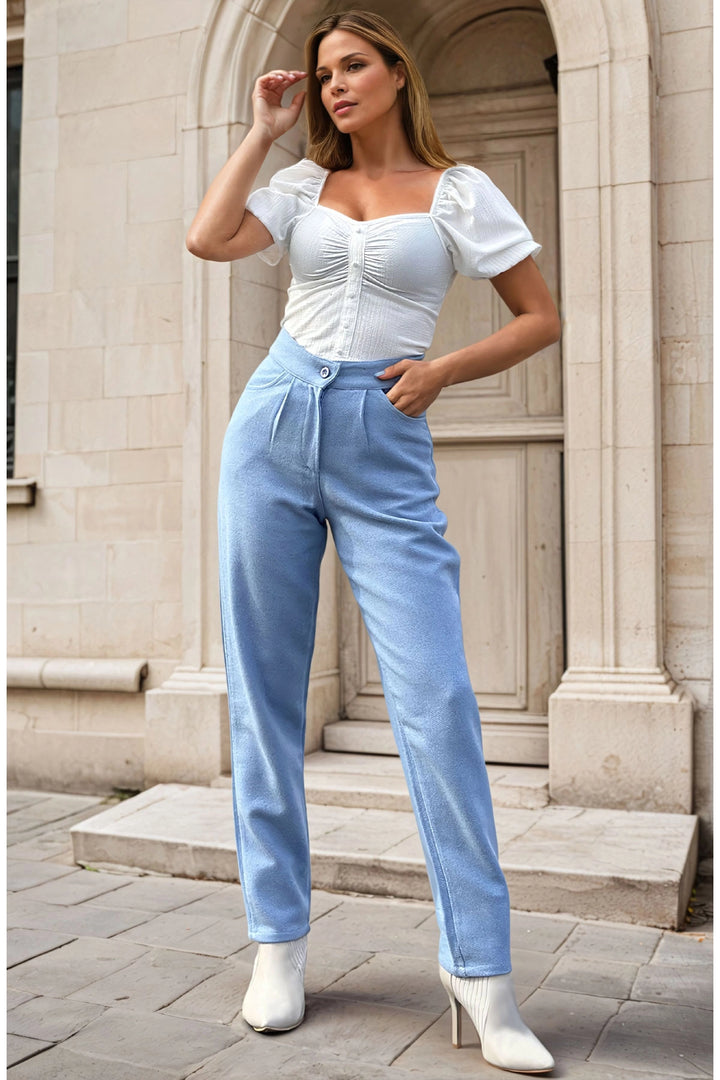 Blue Self-Patterned Coat High-Waisted Pocket Pleated Trousers BCBSK-25700-3448 - Freising