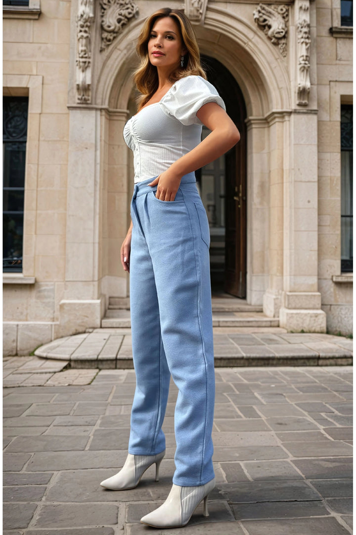Blue Self-Patterned Coat High-Waisted Pocket Pleated Trousers BCBSK-25700-3448 - Freising