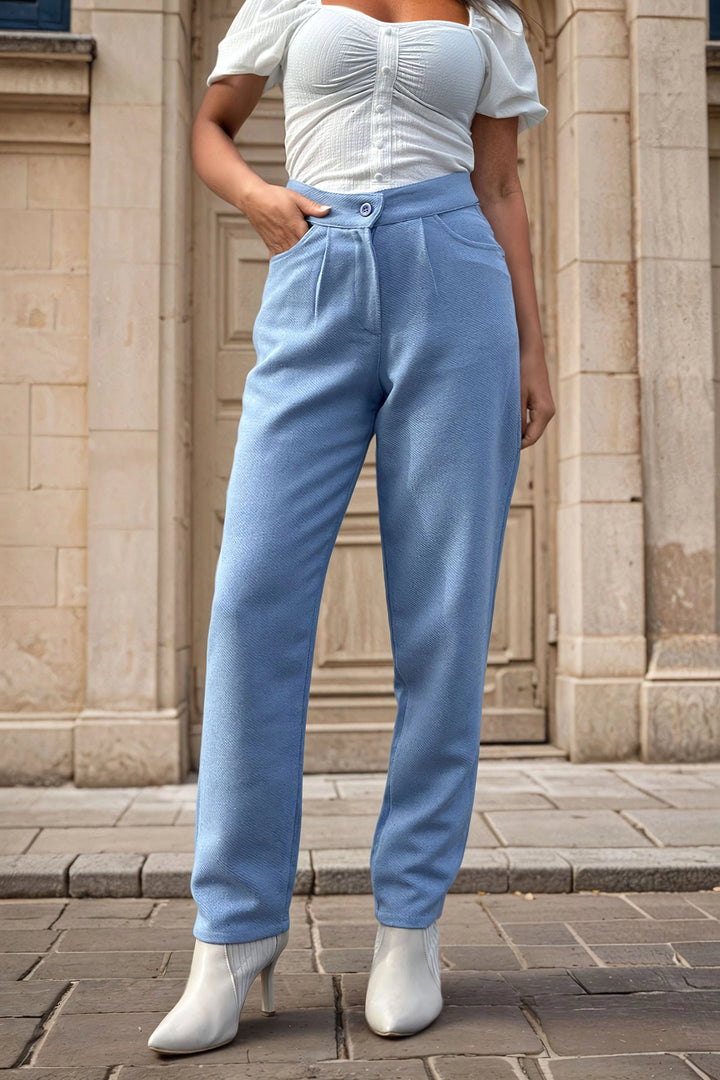 Blue Self-Patterned Coat High-Waisted Pocket Pleated Trousers BCBSK-25700-3448 - Freising