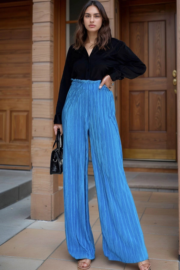 Blue Elastic Waist Wide Leg Baggy Pants with Self-Texture Belt BCBSK-25700-3578 - Cicero