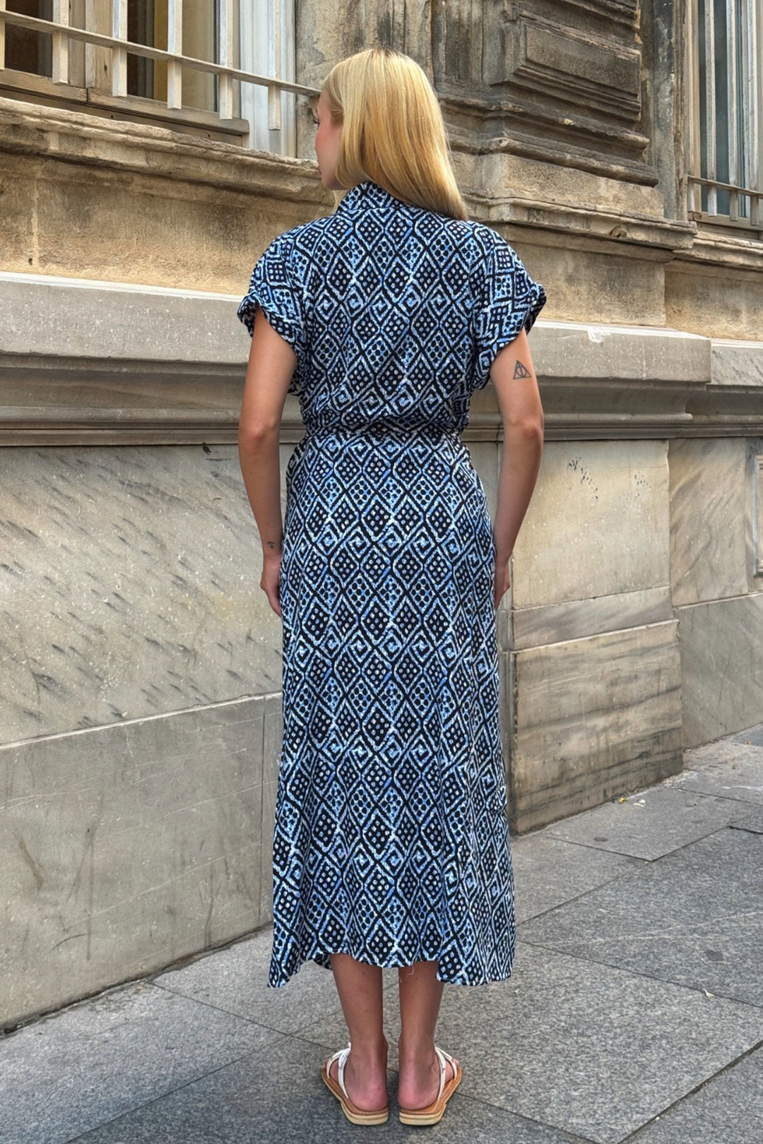 Blue Self-Belted Patterned Woven Summer Shirt Dress BCVL-25V083 - Lucena