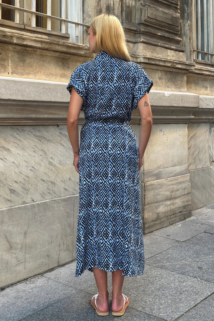 Blue Self-Belted Patterned Woven Summer Shirt Dress BCVL-25V083 - Lucena