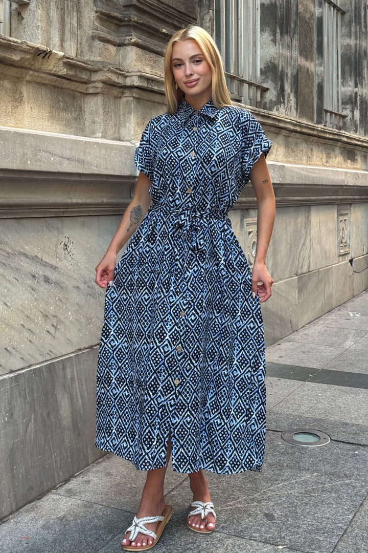 Blue Self-Belted Patterned Woven Summer Shirt Dress BCVL-25V083 - Lucena