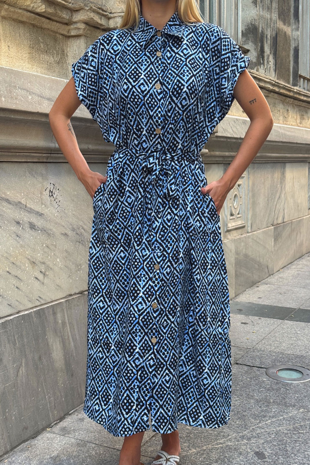 Blue Self-Belted Patterned Woven Summer Shirt Dress BCVL-25V083 - Lucena