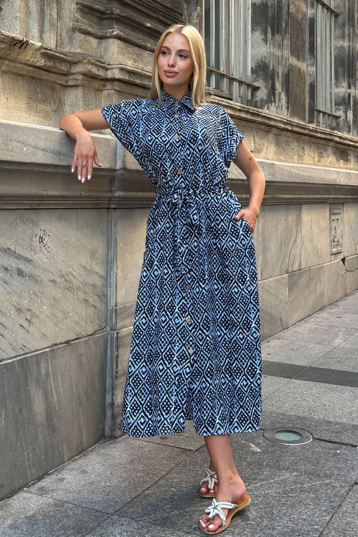 Blue Self-Belted Patterned Woven Summer Shirt Dress BCVL-25V083 - Lucena