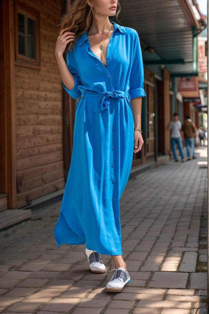 Blue Self-Belted Long Shirt Dress BCBSK-25700-T4011490 - Calumet City