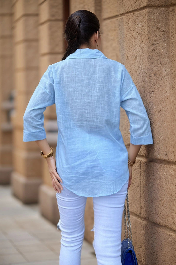 Blue Linen-Look Single Pocket Oversized Shirt BCBSK-25700-3619 - Tecate