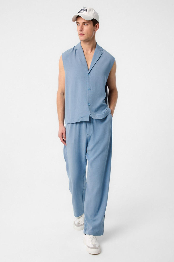 ANT Antioch Blue Linen Blend Sleeveless Men's Shirt - Ajax