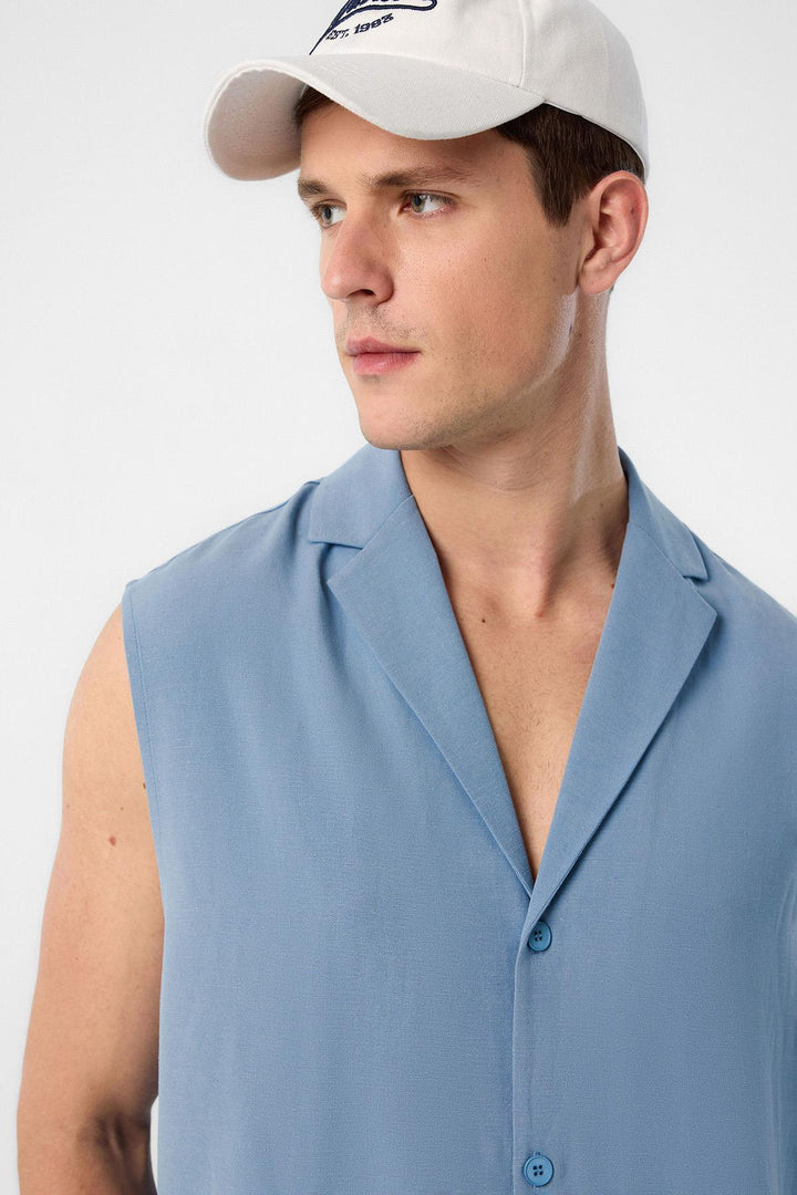ANT Antioch Blue Linen Blend Sleeveless Men's Shirt - Ajax