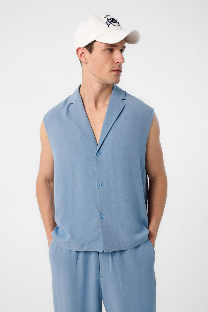 ANT Antioch Blue Linen Blend Sleeveless Men's Shirt - Ajax