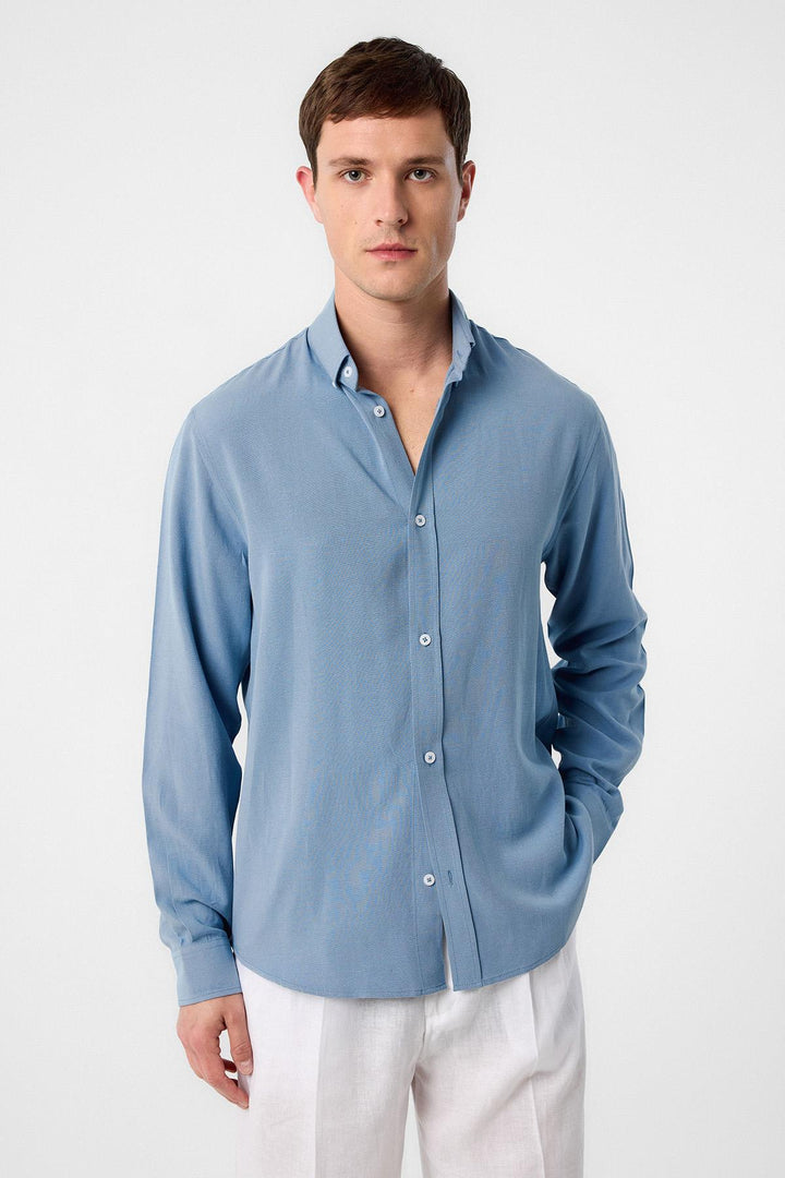 ANT Antioch Blue Cotton Blend Collared Button-Up Men's Shirt - Oregon City