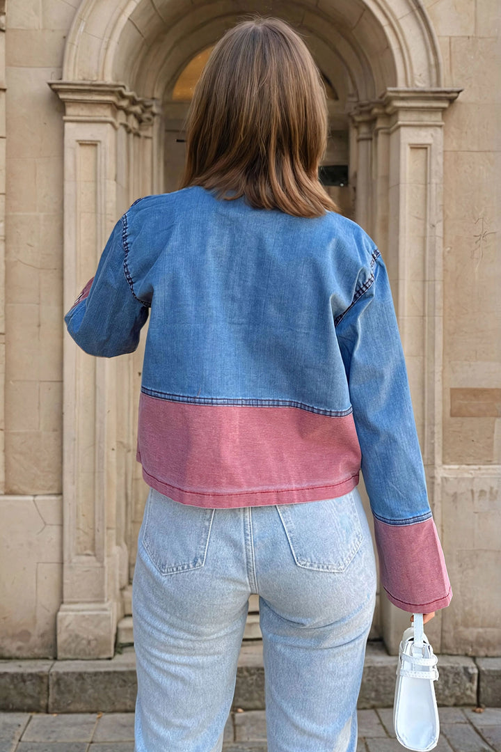 Blue Red Garnished Double Pocket Metal Snap Fastener Denim Jacket BCBSK-25700-KT0072 - Kavála