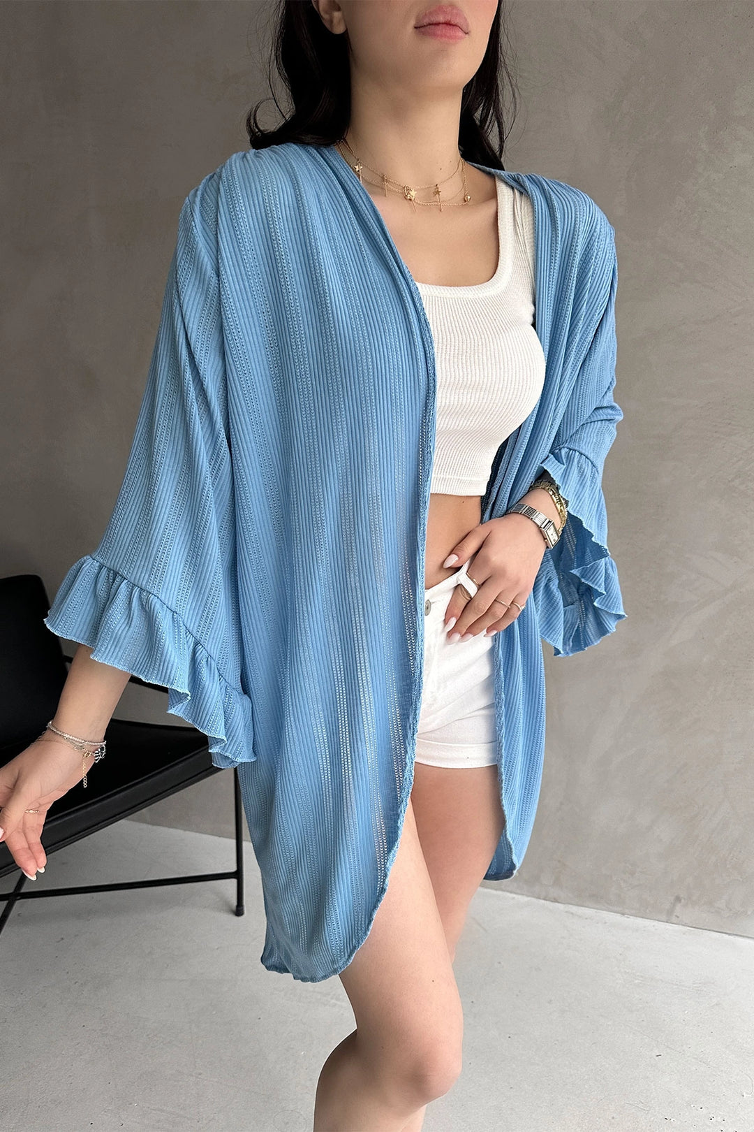 Blue Ruffled Mesh Cardigan BCDF-252171 - Port Talbot