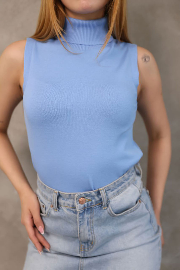 Blue Sleeveless Turtleneck Knit Blouse BCES-252022 - Steyr