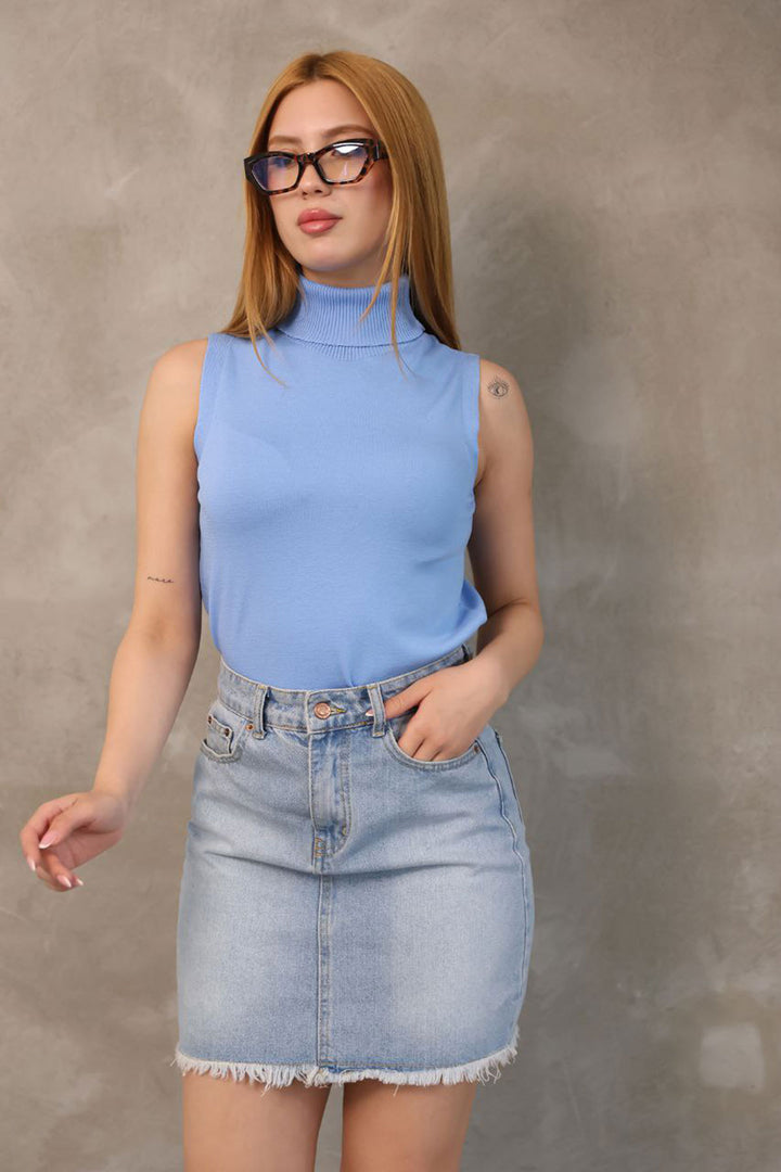 Blue Sleeveless Turtleneck Knit Blouse BCES-252022 - Steyr