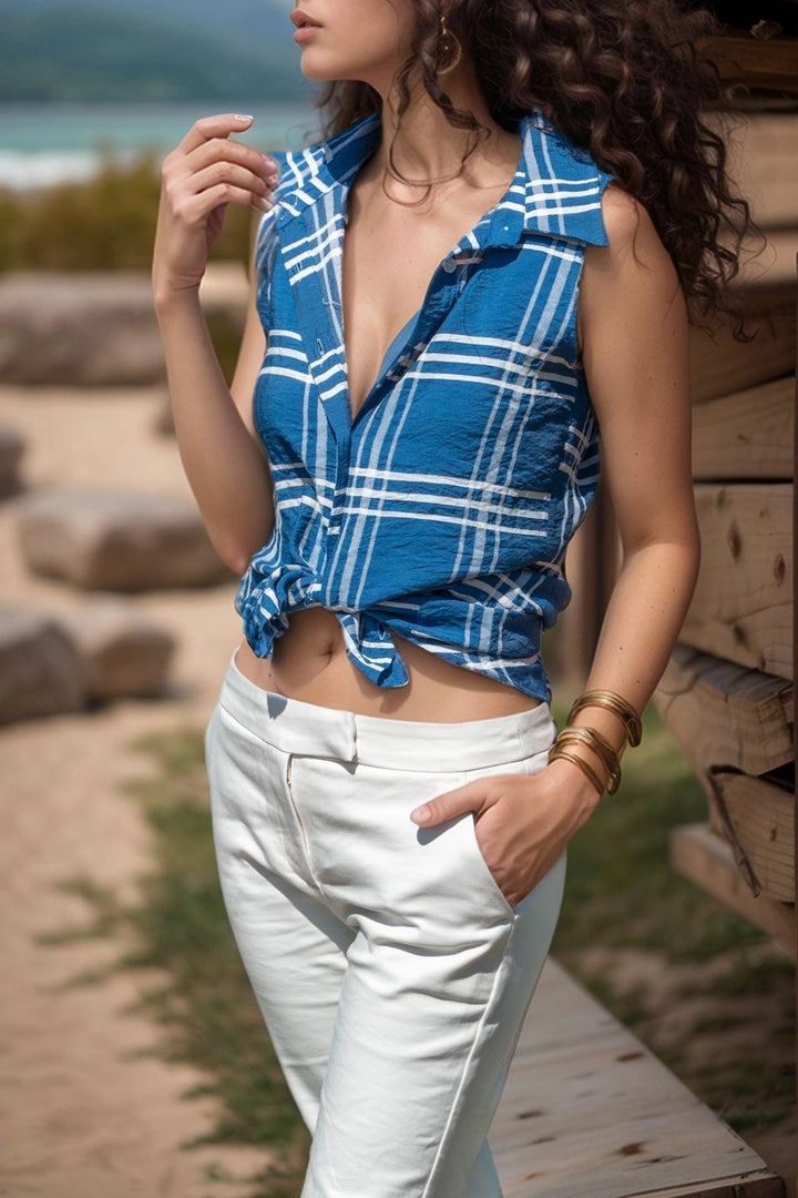 Blue Sleeveless Square Pattern Special Textured Shirt BCBSK-25700-2878K - Jonesboro