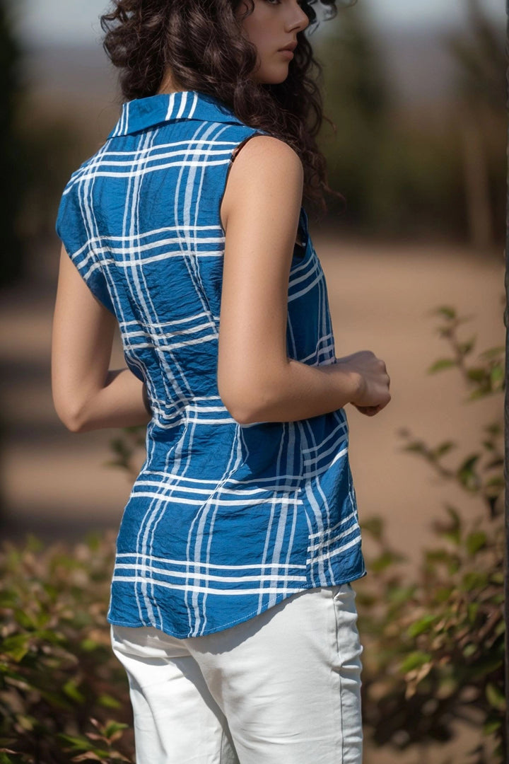 Blue Sleeveless Square Pattern Special Textured Shirt BCBSK-25700-2878K - Jonesboro